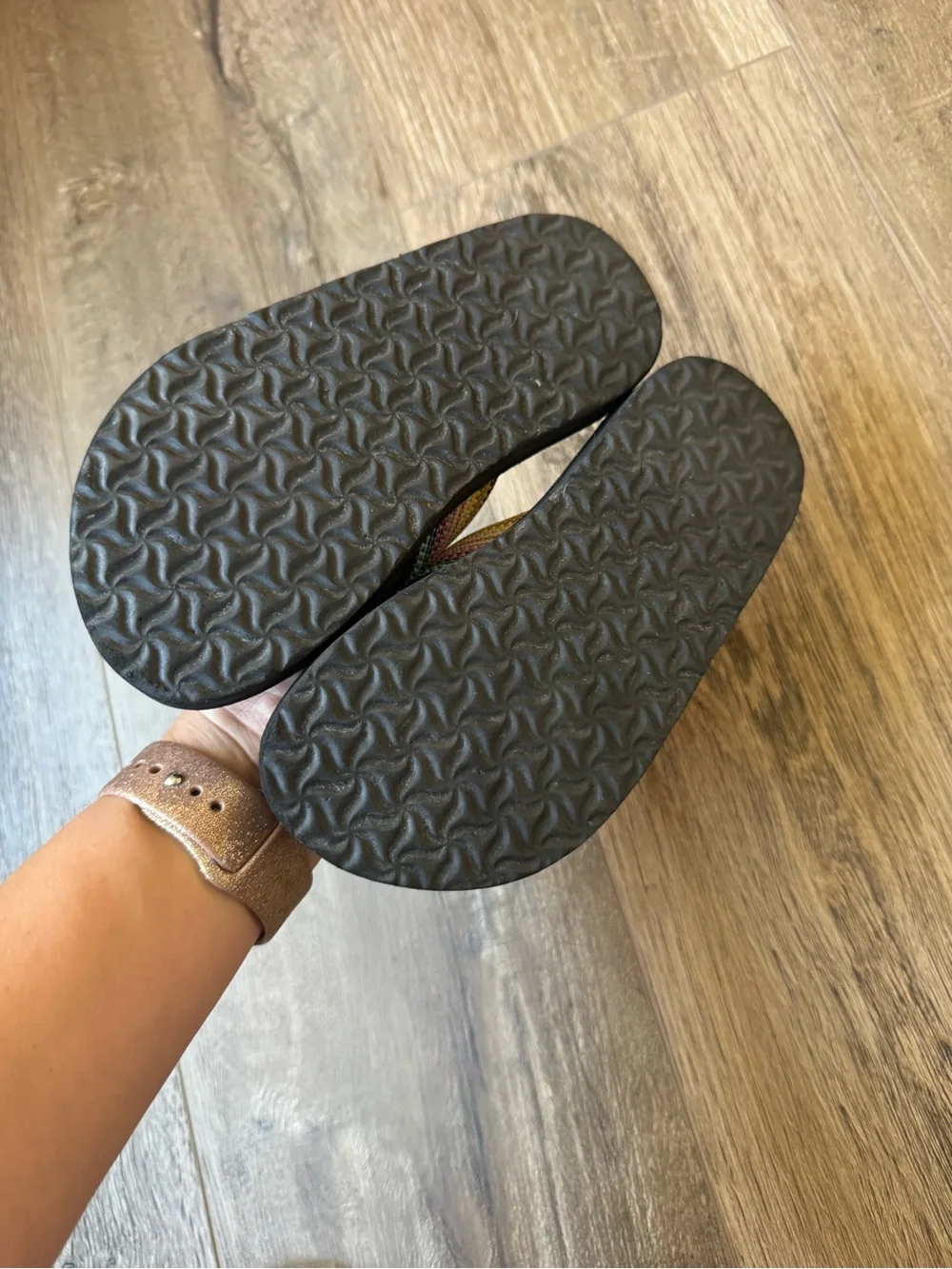 Teva Kids Black Flip Flops with Rainbow Striped Straps